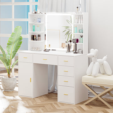 Vanity Desk with Mirror & Lights, Vanity Table 6 Drawers & 8 Shelves, Modern Makeup Desk