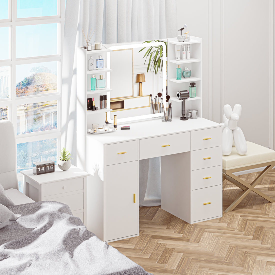 Vanity Desk with Mirror & Lights, Vanity Table 6 Drawers & 8 Shelves, Modern Makeup Desk